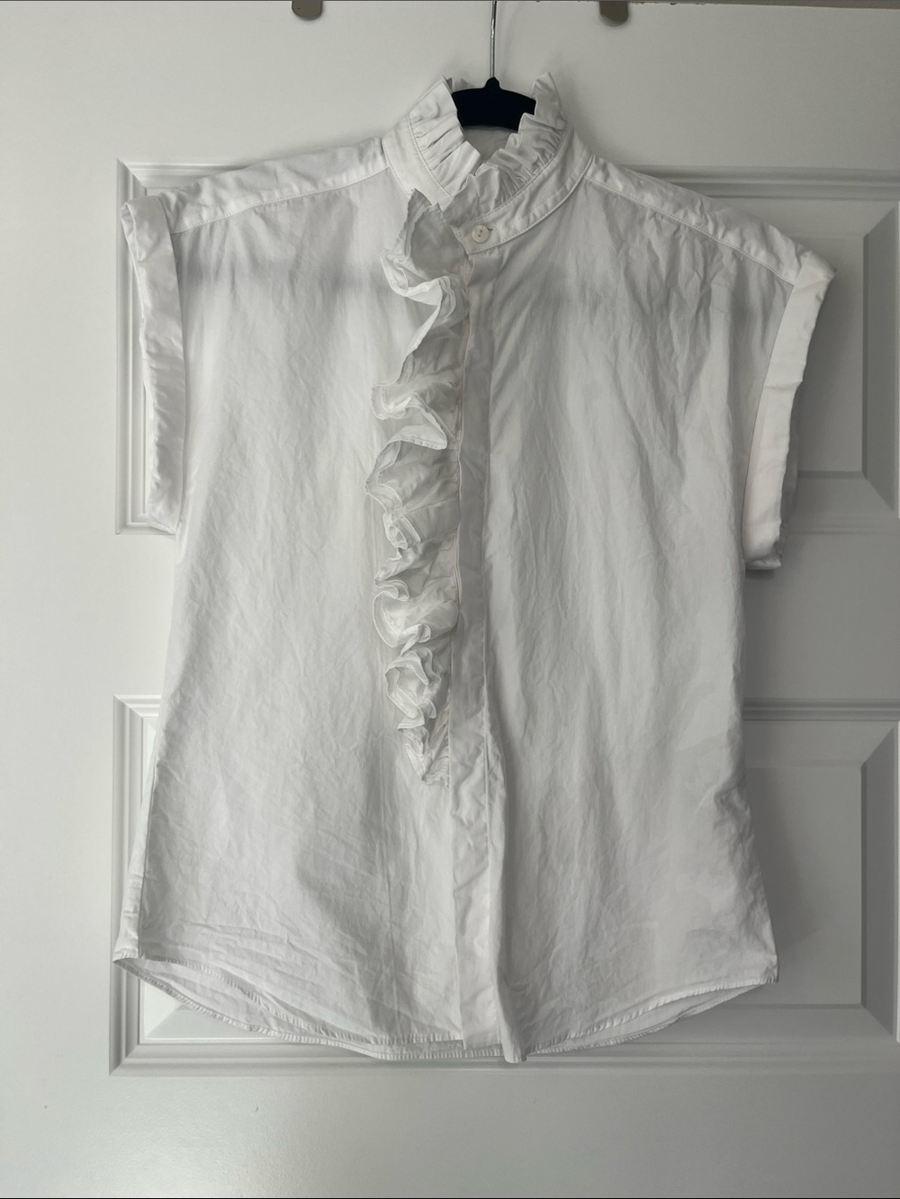 Zara White Ruffle Front Cap Sleeve Blouse